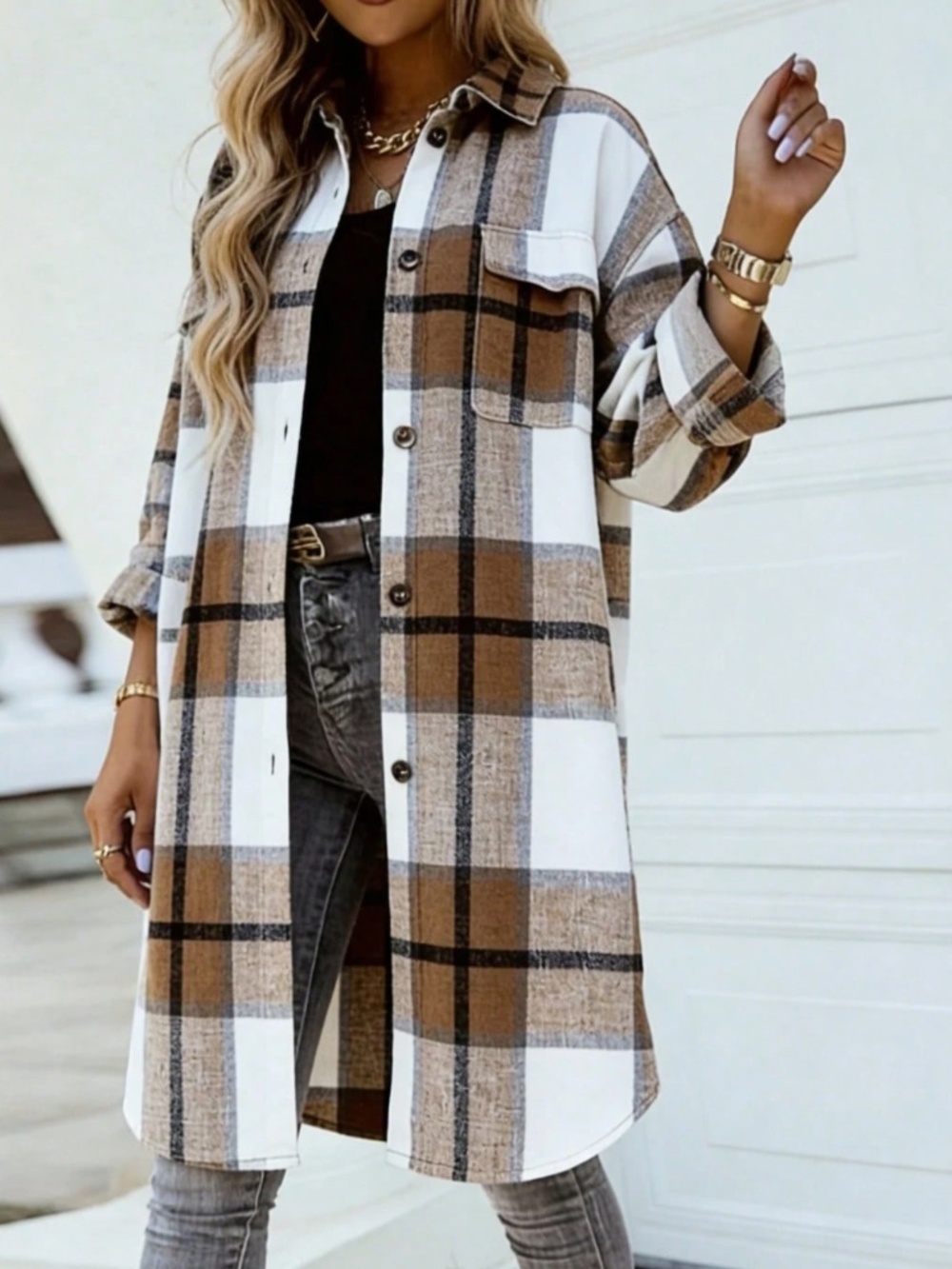 Classic Plaid print Button Down Curved hem Loose Fit Jacket Shacket
